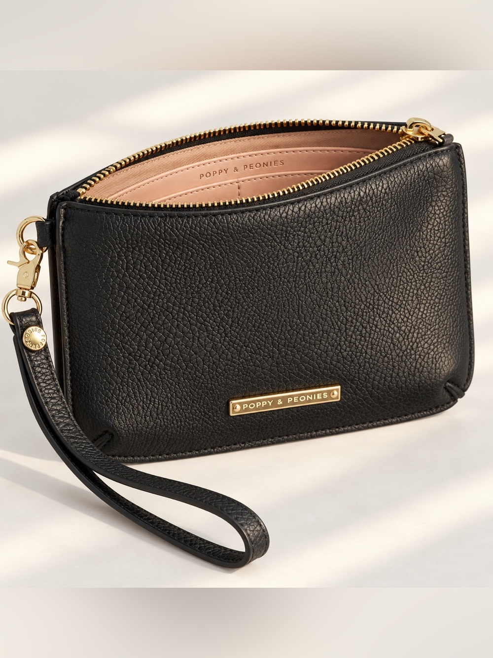 Poppy & Peonies Black Wristlet Wallet Clutch Gold Hardware